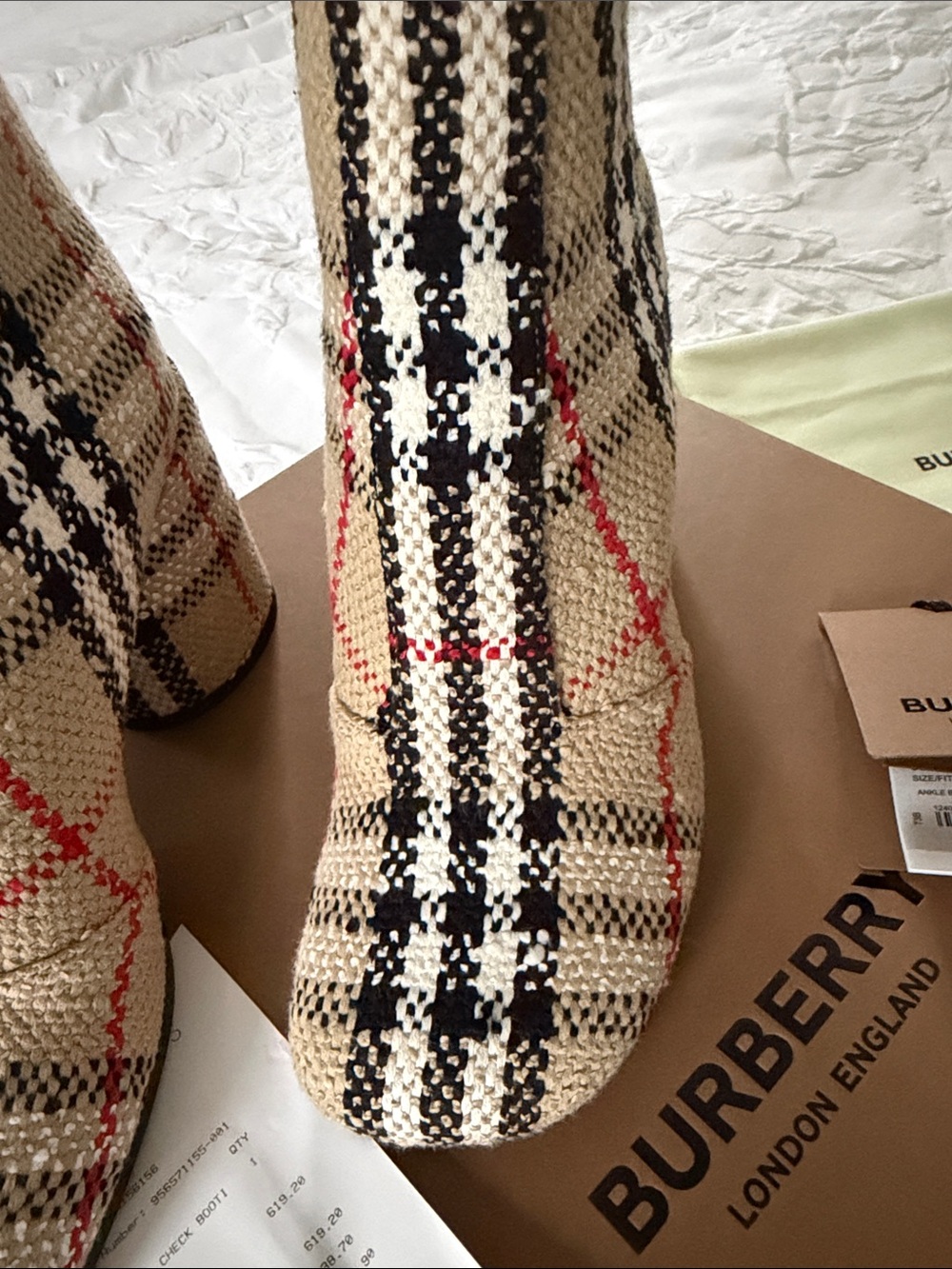 Burberry Beige Black and Red Check Knit Ankle Boots - Picture 3 of 7